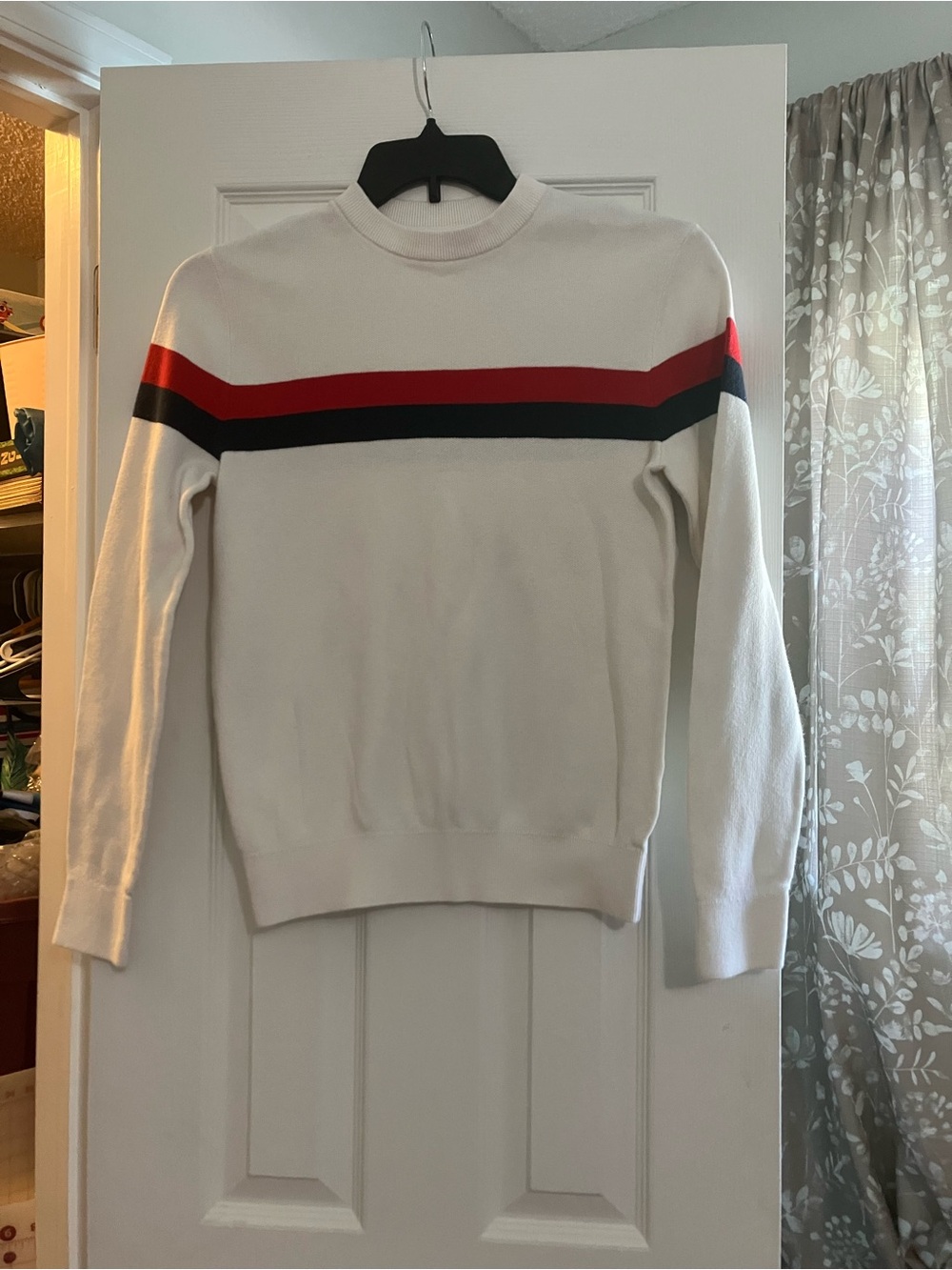 H&M White Crewneck Sweater with Red and Black Stripes